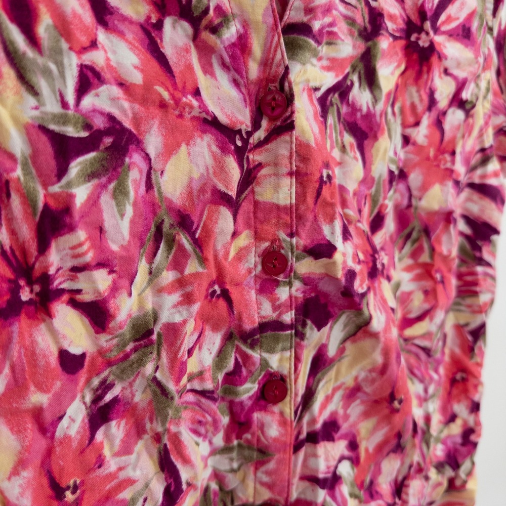 Vintage Y2K Erika Floral Button Down Shirt Womens L Pink 90s Cropped Tropical - Picture 4 of 8